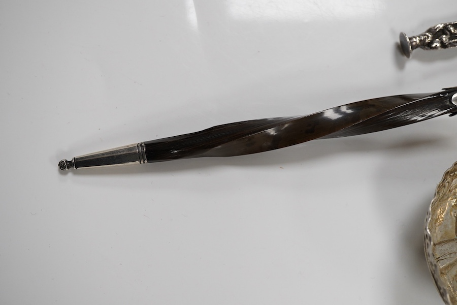 A pair of George III silver Old English pattern basting spoons, by Smith & Fearn, London, 1792, 27.4cm, with engraved crest, together with a George IV silver toddy ladle, with baleen handle, London, 1823 and three contin